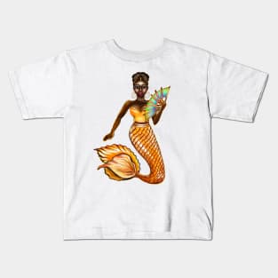 mermaid with gold scales and fan, tiara, necklace,brown eyes curly Afro hair and dark brown skin. Black mermaid Kids T-Shirt